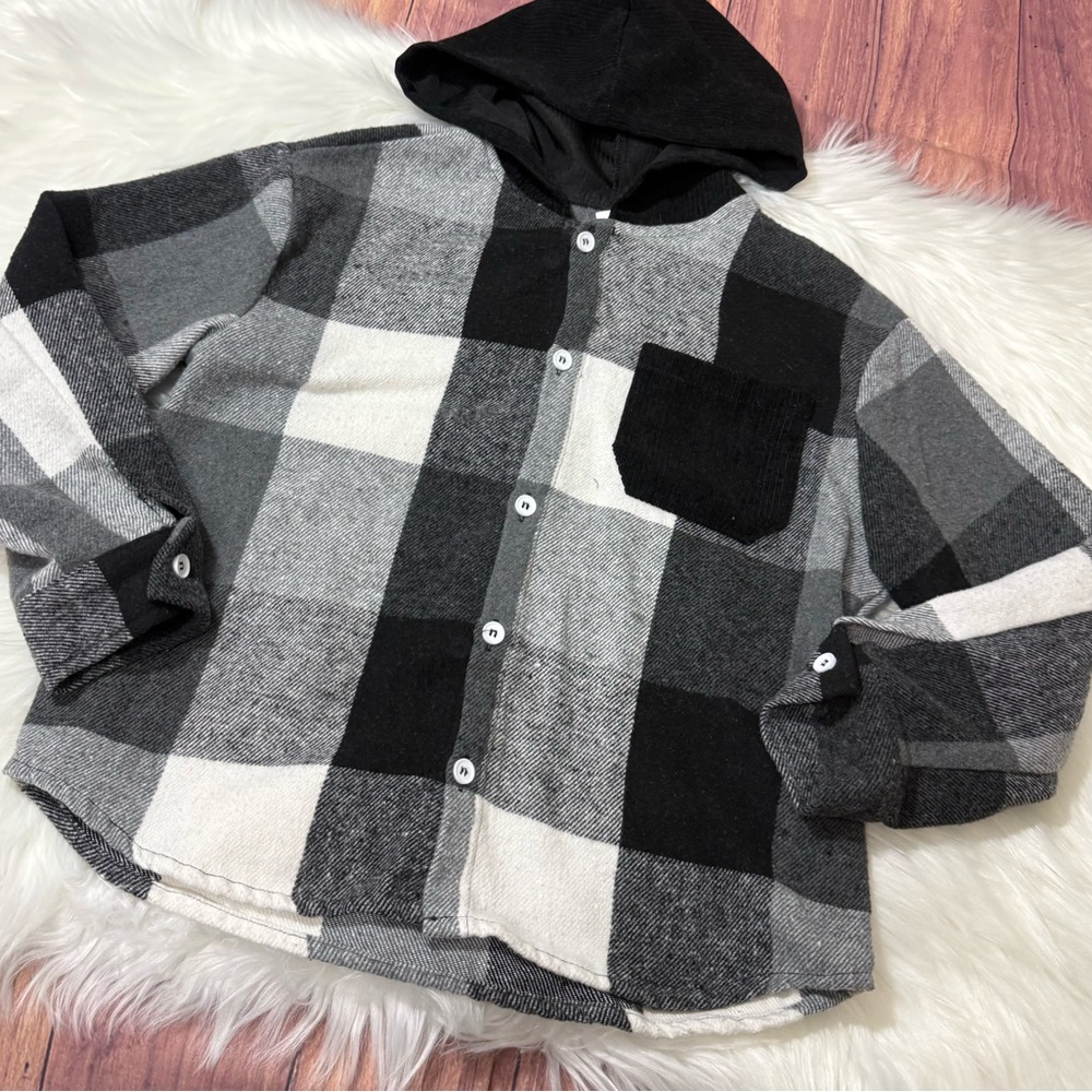 SHEIN Hooded Plaid Button Front Shacket - Boys Size 9Y